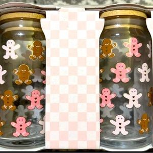 Peppermint & Pine Pink Gingerbread Man Glass Sipper w/ Straw Christmas Set Of 2‎